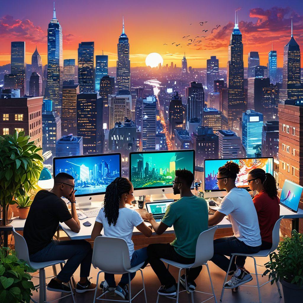 A dynamic scene featuring diverse individuals engaged in various side hustles and digital ventures, such as an artist painting, a programmer coding on a laptop, and an entrepreneur packaging products for delivery. The background should depict a vibrant city skyline to symbolize opportunity, with elements like dollar signs and digital icons subtly integrated. Emphasize creativity and ambition. super-realistic. vibrant colors. white background.