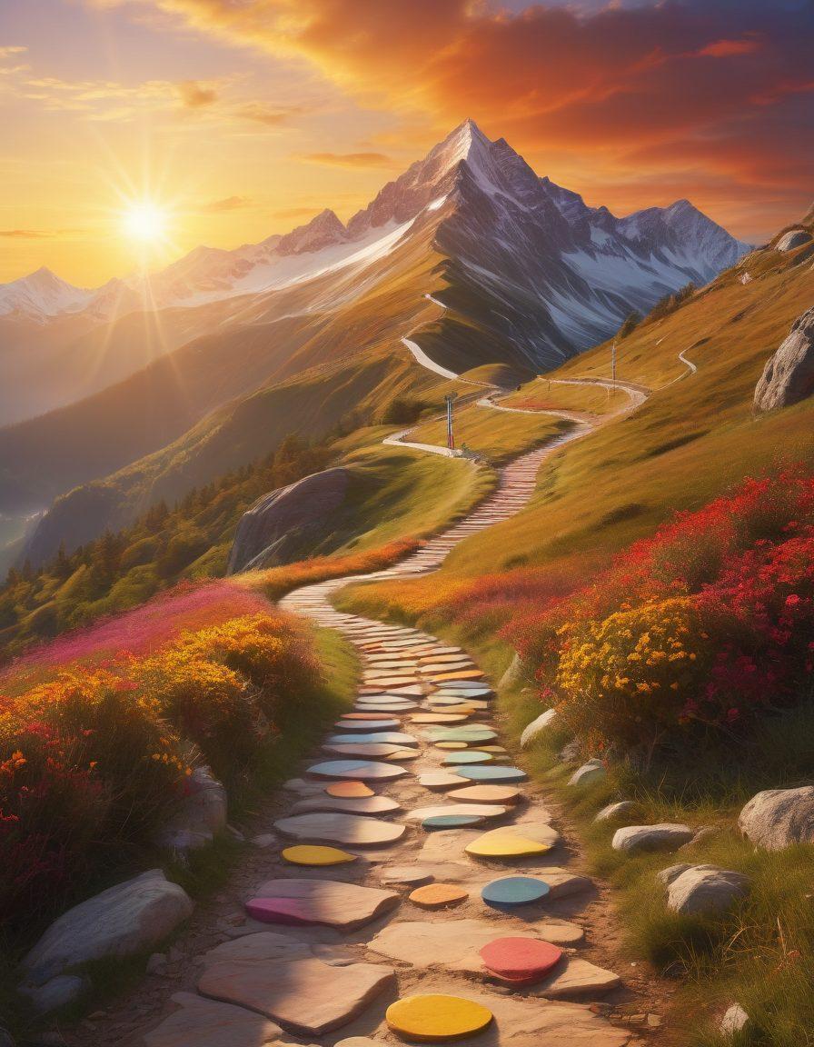 A dynamic visualization of a winding path leading up a mountain, with various milestone markers representing financial goals like savings, investments, and passive income. A diverse group of people are joyfully navigating the path, symbolizing empowerment, teamwork, and perseverance. The background features a bright sunrise, signifying new opportunities and success. Include rich colors to evoke optimism and motivation. super-realistic. vibrant colors. inspirational theme.