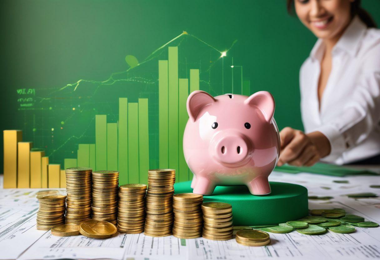 A visually engaging collage featuring a stack of gold coins, a growing bar graph, and a diverse group of people collaborating around a table with financial charts. Incorporate vibrant green and gold tones to symbolize prosperity and growth. Add elements like a piggy bank and a dream house in the background. Illustrate a sense of empowerment and teamwork. super-realistic. vibrant colors.